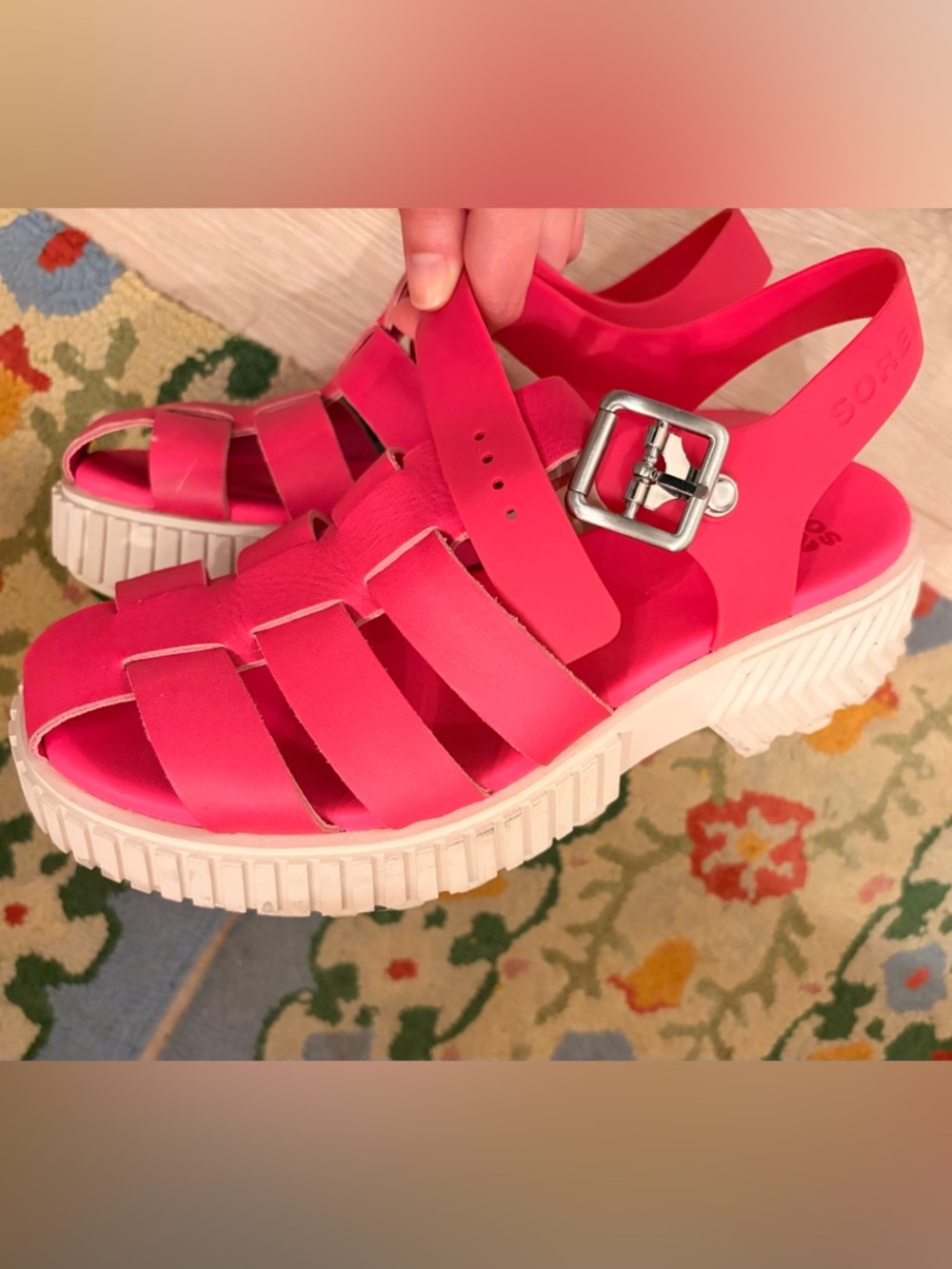 Sorel Hot Pink Platform Sandals with White Sole - Picture 4 of 5